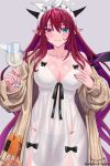 1girl black_horns blue_eyes bow_hairband breasts cardigan champagne_flute cleavage closed_mouth commentary cosplay crystal_wings cup double_halo drinking_glass dsr-50_(girls'_frontline) dsr-50_(girls'_frontline)_(cosplay) girls'_frontline girls'_frontline_2:_exilium hairband halo heterochromia highres holding holding_cup hololive hololive_english horns irys_(hololive) large_breasts long_hair long_pointy_ears looking_at_viewer loreley_(girls'_frontline_2) loreley_(twilight_whisper)_(girls'_frontline_2) multicolored_hair nightgown panties pink_eyes pointy_ears purple_hair red_streaks see-through_clothes see-through_nightgown seraphim_throne single_off_shoulder smile solo star-shaped_pupils star_(symbol) star_halo streaked_hair symbol-shaped_pupils underwear very_long_hair virtual_youtuber white_hairband white_panties wings 