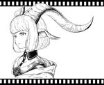  animal_ears bangs blunt_bangs bob_cut buttons commentary_request goat goat_ears goat_eyes greyscale highres horns jaco long_horns looking_to_the_side monochrome original portrait short_hair solo 