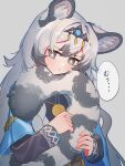  1girl :t absurdres animal_ear_fluff animal_ears arknights black_dress blue_jacket blush commentary_request dress grey_streaks highres hugging_own_tail hugging_tail iguana152588 jacket jewelry long_hair long_sleeves looking_at_viewer multicolored_hair official_alternate_costume open_clothes open_jacket pendant pout pramanix_(arknights) pramanix_the_prerita_(arknights) snow_leopard_ears snow_leopard_girl snow_leopard_tail solo speech_bubble streaked_hair tail tiara translation_request upper_body very_long_hair white_hair 