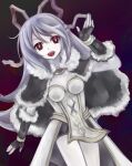  1girl black_cape black_gloves breasts cape commentary_request cowboy_shot dress fingerless_gloves fur-trimmed_cape fur-trimmed_gloves fur_trim gloves glowing glowing_eyes grey_hair hair_ribbon high_wizard_(ragnarok_online) kasumi_nanase_(kasumi7se) long_hair looking_at_viewer medium_breasts open_mouth pink_ribbon purple_background ragnarok_masters ragnarok_online red_eyes ribbon smile solo waving white_dress 