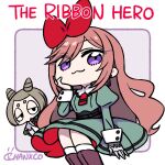  2girls :3 boots brown_hair chan_co commentary_request copyright_name dress green_dress hair_horns hair_ribbon half-closed_eyes highres lab_coat long_hair long_sleeves multiple_girls necktie prosthesis prosthetic_arm purple_eyes red_ribbon ribbon sapphire_(the_ribbon_hero) second-party_source signature sitting smile socks the_ribbon_hero zilco_(the_ribbon_hero) 