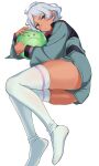  1girl absurdres asticassia_school_uniform blush closed_mouth commentary dark-skinned_female dark_skin fluffy_hair green_eyes gundam gundam_suisei_no_majo haro highres hug looking_at_viewer lying nekomiya_mizuki no_shoes non-humanoid_robot on_side robot school_uniform secelia_dote short_hair shorts simple_background skindentation thick_thighs thighhighs thighs white_background white_hair white_nails white_thighhighs 