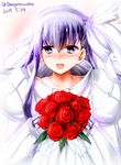  bangs blush bouquet commentary_request dated dress eyebrows_visible_through_hair fate/extra fate/extra_ccc fate/grand_order fate_(series) flower hair_between_eyes hair_ribbon hands_up happy_tears holding juliet_sleeves kimura_shuuichi long_hair long_sleeves looking_at_viewer meltlilith nose_blush open_mouth puffy_sleeves purple_hair red_flower red_rose ribbon rose smile solo tears twitter_username upper_body wedding_dress white_ribbon 