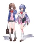  2girls :d absurdres bag blazer blue_eyes blush bow bowtie breasts brown_hair brown_shoes cardigan cardigan_around_waist chinese_commentary clothes_around_waist collared_shirt commentary_request crossed_bangs curled_fingers degrees_of_lewdity double-parted_bangs full_body gradient_hair grey_skirt grey_socks hair_between_eyes hair_intakes hair_ornament hairclip hand_to_own_mouth heel_up high-waist_skirt highres holding holding_bag jacket leg_up leg_warmers loafers long_hair long_sidelocks long_sleeves looking_at_viewer miniskirt multicolored_hair multiple_girls muxiyaochuibaojin original parallel_hairclips pigeon-toed pink_cardigan plaid_clothes plaid_skirt player_character_(degrees_of_lewdity) player_character_(female)_(degrees_of_lewdity) purple_hair raised_inner_eyebrows red_bow red_bowtie robin_(degrees_of_lewdity) robin_(female)_(degrees_of_lewdity) school_bag school_uniform shadow shirt shoes short_hair sidelocks simple_background skirt small_breasts smile socks standing standing_on_one_leg triangle_hair_ornament very_long_hair white_background white_leg_warmers white_shirt x_hair_ornament yellow_eyes 