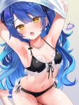  1girl amamiya_kokoro amamiya_kokoro_(7th_costume) armpits arms_up barefoot black_bra black_panties blue_hair blush bra breasts commentary_request fang feet_out_of_frame festa11307070 from_side hair_ornament hair_ribbon highres hot long_hair looking_at_viewer medium_breasts navel nijisanji open_mouth panties partially_undressed ribbon shiny_skin shirt signature simple_background sitting skin_fang soles solo sweat sweaty_armpits underwear undressing variant_set very_sweaty virtual_youtuber wariza white_shirt x_hair_ornament yellow_eyes 
