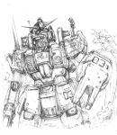  1boy after_battle bullet_hole cockpit commentary_request damaged dirty greyscale ground_gundam gundam gundam_08th_ms_team mecha military_uniform mobile_suit monochrome nyaou open_hatch pilot pilot_chair robot science_fiction shield sketch soldier standing_on_another's_shoulder unfinished v-fin when_you_see_it 