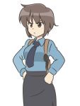  1girl annoyed aoyoshi black_skirt blue_necktie blue_shirt brown_eyes brown_hair closed_mouth commentary_request cowboy_shot gun handgun holster holstered long_sleeves necktie original revolver shirt short_hair shoulder_holster simple_background skirt solo weapon white_background 