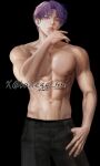  1boy abs absurdres aegyo_sal artist_name badegg-mm biceps black_background black_pants cowboy_shot highres looking_at_viewer love_and_deepspace male_focus navel nipples nose pants parted_bangs parted_lips pectorals purple_eyes purple_hair rafayel_(love_and_deepspace) short_hair simple_background solo toned toned_male topless_male 