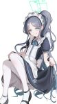  1girl absurdres apron aris_(blue_archive) aris_(maid)_(blue_archive) black_dress black_hair black_wrist_cuffs blue_archive blue_eyes blue_ribbon borrowed_clothes commentary dress frilled_apron frills green_halo grin halo highres holding holding_mop holding_own_dress long_hair looking_at_viewer maid maid_apron maid_headdress mary_janes mop number_print official_alternate_costume pantyhose parted_bangs ponytail rectangular_halo ribbon seeyouu73 shoes short_sleeves simple_background smile solo untranslatable_commentary upskirt very_long_hair white_apron white_background white_pantyhose wrist_cuffs 