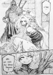  1girl 2boys absurdres armor bound chronozbergh elden_ring english_text gag gagged gloves greyscale highres improvised_gag long_hair medium_hair miquella_(elden_ring) monochrome multiple_boys roderika_(elden_ring) speech_bubble sword sword_on_back tarnished_(elden_ring) tied_up_(nonsexual) weapon weapon_on_back 
