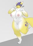  2017 anthro belly big_belly big_breasts big_ears black_nose breasts claws digimon digital_media_(artwork) dizzyknight female fur hair hi_res multicolored_fur nipples nude overweight pussy renamon simple_background slightly_chubby smile solo stomach thick_thighs video_games voluptuous white_fur wide_hips yellow_fur 
