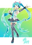  1girl armpits black_skirt black_thighhighs blue_nails blue_necktie boots breasts collared_shirt commentary grey_shirt hair_between_eyes hatsune_miku hatsune_miku_(vocaloid4) highres long_hair looking_at_viewer marker_(medium) medium_breasts necktie nikona0257 one_eye_closed pointing raised_eyebrow see-through_clothes shirt simple_background skirt sleeveless sleeveless_shirt solo thigh_boots thighhighs traditional_media twintails v4x very_long_hair vocaloid 