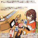  1girl 1other admiral_(kancolle) braid brown_hair commentary_request conveyor_belt_sushi cup dated faucet food hamster highres kantai_collection kirisawa_juuzou kirisawa_juuzou_(character) long_hair non-human_admiral_(kancolle) numbered orange_eyes orange_shirt sailor_collar sailor_shirt shirt single_braid smile souya_(kancolle) souya_(rainy_season)_(kancolle) sushi translation_request twitter_username upper_body white_sailor_collar yunomi 
