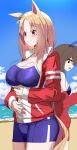  2girls absurdres admire_vega_(umamusume) animal_ears beach blonde_hair blue_one-piece_swimsuit blue_sky blush breasts brown_hair closed_eyes cloud commentary_request competition_school_swimsuit ear_covers highres horse_ears horse_girl horse_tail jacket long_hair looking_at_another multiple_girls narita_top_road_(umamusume) ocean one-piece_swimsuit open_mouth outdoors pip_elekiban purple_eyes red_jacket red_shorts school_swimsuit short_hair shorts single_ear_cover single_vertical_stripe sky smile swimsuit tail tracen_swimsuit tracen_training_uniform track_jacket umamusume unzipped water 