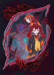  1girl 2boys alyssa_(project_moon) ardor_blossom_star_(e.g.o) arm_at_side black_gloves black_jacket black_shirt center-flap_bangs cowboy_shot distortion_(project_moon) dot_nose e.g.o_(project_moon) fiery_hair fire gloves hand_in_pocket hand_up highres hohenheim_(project_moon) holding holding_lighter jacket johann_(project_moon) kalliope_orc lantern_(e.g.o) layered_clothes lighter lighting_cigarette limbus_company long_hair looking_down marton_(project_moon) multiple_boys necktie open_clothes open_jacket project_moon red_eyes red_hair red_necktie shirt signature suit_jacket twintails twitter_username unlit_cigarette_in_mouth vest yellow_vest 