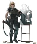  1girl abs absurdres backlighting belt black_gloves black_pants black_shirt blonde_hair boots bulletproof_vest commentary commission drink earmuffs english_commentary fingerless_gloves full_body gloves goggles grin gun highres holding holding_drink holding_weapon holster ks-23 long_hair looking_at_viewer maxturbo69 muscular original pants ponytail shirt shotgun simple_background smile solo standing tactical_gloves thigh_holster weapon white_background 