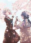  2girls aqua_neckerchief black_gloves blue_ribbon brown_cardigan brown_dress cardigan cellphone cherry_blossoms colored_inner_hair commentary_request dappled_sunlight dollchestra dress falling_petals gloves hair_ribbon half_gloves hand_up hasu_no_sora_school_uniform highres holding holding_phone long_sleeves love_live! love_live!_hasu_no_sora_jogakuin_school_idol_club low_twintails multicolored_hair multiple_girls murano_sayaka neckerchief petals phone pink_petals red_eyes red_hair red_neckerchief red_streaks ribbon sailor_collar sailor_dress school_uniform signature smartphone streaked_hair suito sunlight taking_picture twintails virtual_youtuber white_background white_sailor_collar winter_uniform yugiri_tsuzuri 