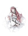  1girl absurdres brown_eyes dress frills hair_ribbon hairband highres kanji_(nievart) lolita_fashion lolita_hairband long_hair looking_to_the_side object_through_head persona persona_3 red_hair ribbon simple_background solo sword_in_head tress_ribbon white_background white_dress white_ribbon yoshino_chidori 