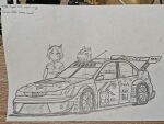  1girl absurdres artist_request car graphite_(medium) helmet highres motor_vehicle non-web_source paper peugeot peugeot_406 photo_(medium) race_vehicle racecar racing sakura_laurel_(umamusume) source_request traditional_media umamusume vehicle_focus 