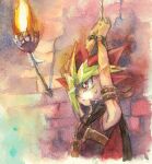  1boy against_wall arm_strap arms_up azazel-scapegoat bare_shoulders black_cape bound bound_wrists brick_wall cape captured colored_bangs colored_tips commentary_request dungeon hair_over_one_eye indoors male_focus multicolored_hair outstretched_arms own_hands_together painting_(medium) red_eyes red_hair red_shirt restrained rope shirt sleeveless sleeveless_shirt spiked_hair sweatdrop torch traditional_media upper_body upright_restraints watercolor_(medium) yami_yugi yu-gi-oh! yu-gi-oh!_the_duelists_of_the_roses 