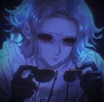  1boy abashuxiadeabaguai absurdres aotsuki_eito black_background black_gloves chinese_commentary closed_mouth commentary_request crying drawstring eye_socket eyelashes film_grain gloves grey_hair highres holding holding_removed_eyewear jacket long_sleeves male_focus short_hair simple_background solo spoilers sunglasses the_hundred_line_-last_defense_academy- unworn_eyewear white_jacket 