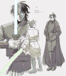  batman_(series) black_hair blue_lightsaber bodysuit crossover dc_comics dick_grayson energy_sword gloves green_lightsaber highres holding holding_weapon jason_todd jedi jedi_knight lightsaber male_focus muscular muscular_male star_wars sword weapon wiwuwiwiw 