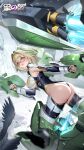  1girl absurdres ass beam_rifle breasts brown_hair commentary_request elbow_gloves energy_gun fingerless_gloves glasses gloves hair_intakes hairband highres leotard mechanical_legs official_art orange_eyes remiel_(starward) shield starward thighhighs thrusters underboob weapon 