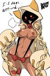  1girl bigdead93 blazblue blush bow breasts dark_skin nipples pussy solo suspenders tagme taokaka tongue_out wide_hips 