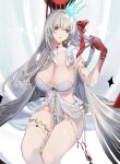  1girl armlet asian_indian_clothes belly_chain blue_crown body_markings bracelet breasts cleavage colona_(korona) colored_extremities colored_skin commentary crown durga_(fate) durga_(first_ascension)_(fate) earrings fate/grand_order fate_(series) grand_servant_(fate/grand_order) hair_ribbon highres jewelry large_breasts long_hair looking_at_viewer pelvic_curtain red_eyes red_hands red_skin revealing_clothes ribbon ring snake snake_wrapped_around_neck solo thumb_ring very_long_hair white_snake 