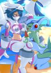 2girls absurdres airplane_hair_ornament bare_shoulders beach blue_hair blue_helmet blue_leggings blue_one-piece_swimsuit blue_sky bodysuit boots breasts chair cleavage closed_eyes clothing_cutout cloud collarbone colored_skin commentary covered_mouth day detached_leggings digimon digimon_(creature) elbow_gloves fang fins food gloves green_skin groin hair_between_eyes head_fins helmet highres holding holding_food holding_popsicle jetsilphymon knee_boots knee_pads kneeling large_breasts leggings looking_at_another lounge_chair mask mechanical_wings medium_breasts midriff monster_girl mouth_mask multiple_girls mundane_utility navel navel_cutout ninja_mask ocean one-piece_swimsuit open_mouth outdoors pants pinwheel popsicle ranamon red_eyes shadow short_hair side_cutout sidelocks signature sitting sky smile speech_bubble summer sunlight supermondobeat sweat swimsuit thrusters translation_request watermelon_bar weapon white_bodysuit white_boots white_gloves white_mask wings 