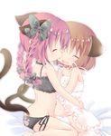  animal_ears babydoll back blush braid brown_hair cat_ears cat_tail chen choker closed_eyes commentary_request fukaya_rin hair_ribbon hug jpeg_artifacts kaenbyou_rin long_hair midriff multiple_girls multiple_tails navel nekomata no_hat no_headwear open_mouth panties profile red_hair ribbon short_hair sitting smile tail thighhighs tongue tongue_out touhou twin_braids two_tails underwear white_background yuri 