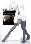  1girl ammunition artist_name black_thighhighs blush buckshot_roulette colored_skin commentary_request dairi_(f.a.l) f.a.l fingerless_gloves full_body gloves grey_eyes gun hair_between_eyes highres holding holding_gun holding_weapon hood hoodie jitome leaning looking_at_viewer midriff navel open_mouth original pump_action short_hair short_shorts shorts shotgun shotgun_shell solo speech_bubble thighhighs translation_request tweet twitter_username weapon white_background white_hair white_skin 