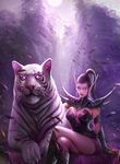  aben armor black_hair breasts cleavage crossed_legs elf facepaint glowing glowing_eyes jpeg_artifacts large_breasts looking_at_viewer moon night_elf petals pointy_ears ponytail purple purple_skin shoulder_armor sitting tiger tree warcraft 