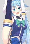  1girl :d aqua_(konosuba) arms_up bad_id bad_pixiv_id blue_eyes blue_hair blue_skirt blush bow breasts brooch choker commentary_request eyebrows_visible_through_hair frilled_choker frills green_bow grey_background hair_between_eyes head_tilt impossible_clothes impossible_shirt jewelry kono_subarashii_sekai_ni_shukufuku_wo! leg_lift long_hair looking_at_viewer medium_breasts meiji_(meizi493) navel open_mouth pleated_skirt revision shirt simple_background skirt sleeveless sleeveless_shirt smile solo split standing standing_on_one_leg standing_split thighs very_long_hair 