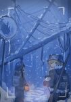  2girls backpack bag black_hair blonde_hair chito_(shoujo_shuumatsu_ryokou) coat commentary_request gun gun_on_back helm helmet highres holding holding_lantern lantern mirror multiple_girls nuko_(shoujo_shuumatsu_ryokou) otonashi_(pixiv_78734441) power_lines short_hair shoujo_shuumatsu_ryokou snow snowing traffic_mirror utility_pole weapon weapon_on_back winter yuuri_(shoujo_shuumatsu_ryokou) 