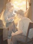  1boy 1girl absurdres brother_and_sister chair closed_eyes commentary_request curtains cutting_another's_hair cutting_hair dungeon_meshi falin_touden grey_pants grey_shirt highres indoors laios_touden pants shirt siblings sitting towel white_shirt window yato_(alphonse59) 