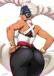  arms_(game) artist_name ass bare_shoulders blonde_hair bracelet breasts dark_skin drill_hair earrings feathers green_eyes hands_on_hips hips huge_ass jewelry joy_ride large_breasts light_smile lips long_hair looking_at_viewer looking_back mask parted_lips sideboob signature solo thick_thighs thighs twin_drills twintelle_(arms) very_long_hair wide_hips zipper 