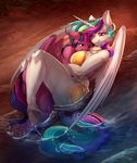  2017 anthro anthrofied bikini clothing cutie_mark duo equine feathered_wings feathers female friendship_is_magic hair hi_res horn longinius lying mammal multicolored_hair my_little_pony one_eye_closed outside princess_celestia_(mlp) purple_feathers swimsuit twilight_sparkle_(mlp) vest_(artist) water wet white_feathers winged_unicorn wings 