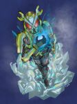  1boy armor black_bodysuit black_gloves bodysuit commentary_request electricity from_above gloves glowing glowing_hand helmet highres horns kamen_rider kamen_rider_kikai kamen_rider_zi-o_(series) kikaidriver red_eyes rider_belt screwder solo spannerder tokusatsu twitter_username vgz083 wrench yellow_armor yellow_helmet yellow_horns 
