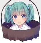  asa_(coco) bangs blue_eyes blush bucket closed_mouth commentary_request flying_sweatdrops green_hair hair_bobbles hair_ornament in_bucket in_container japanese_clothes kimono kisume looking_at_viewer smile solo touhou twintails upper_body wooden_bucket 