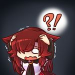  1girl animal_ears brooch brown_hair chibi commentary cowering fang hands_on_own_head imaizumi_kagerou jewelry long_hair long_sleeves solo tears touhou trembling wavy_mouth wide_sleeves wolf_ears wool_(miwol) 