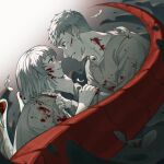  1boy 1girl blood blood_on_face brother_and_sister commentary_request dungeon_meshi falin_touden feathers grey_background highres laios_touden long_sleeves looking_at_another parted_lips red_eyes short_hair siblings sideburns tail yato_(alphonse59) 