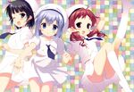  :d ;d absurdres black_hair blue_eyes blue_hair blue_neckwear blush brown_eyes chestnut_mouth chimame-tai eyebrows_visible_through_hair gochuumon_wa_usagi_desu_ka? hair_ornament hat highres jouga_maya kafuu_chino kafuu_chino's_school_uniform kneehighs long_hair looking_at_viewer low_twintails medium_hair multiple_girls natsu_megumi necktie one_eye_closed open_mouth panties puffy_short_sleeves puffy_sleeves red_eyes red_hair sailor_hat santa_matsuri school_uniform short_hair short_sleeves smile twintails underwear white_hat white_legwear white_panties x_hair_ornament 