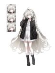  1girl :| ahoge arm_at_side black_boots black_jacket blush boots bow closed_mouth colored_eyelashes commission crying crying_with_eyes_open curled_fingers degrees_of_lewdity dot_nose double-parted_bangs dress flat_chest frilled_dress frills full_body grey_eyes hair_between_eyes hair_bow hair_intakes hand_up heel_up highres jacket jewelry lapels long_hair looking_at_viewer multiple_expressions necklace notched_lapels open_clothes open_jacket original player_character_(degrees_of_lewdity) player_character_(female)_(degrees_of_lewdity) raised_inner_eyebrows ronppang second-party_source short_dress sleeves_past_wrists smile socks standing tears two_side_up very_long_hair wavy_mouth white_bow white_dress white_eyelashes white_hair white_socks 