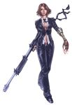  1girl blood blue_eyes breasts brown_hair cleavage commentary cosplay english_commentary final_fantasy final_fantasy_vii final_fantasy_x final_fantasy_x-2 formal_clothes green_eyes gun heterochromia holding holding_gun holding_weapon in-franchise_crossover long_sleeves medium_breasts minh_do navel necktie open_fly pant_suit pants revision smile solo suit turks_(ff7) unzipped weapon white_background yuna_(ff10) 