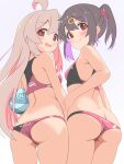 2girls :d ahoge alternate_costume ass ball bare_arms bare_shoulders bikini black_hair blush breasts brown_eyes buruma butt_crack character_name colored_inner_hair commentary cowboy_shot from_behind gradient_background grey_hair hair_between_eyes hair_ornament hairclip hand_on_own_hip highres long_hair looking_at_viewer looking_back lowleg lowleg_bikini multicolored_hair multiple_girls onii-chan_wa_oshimai! open_mouth oyama_mahiro oyama_mihari pink_hair purple_background purple_hair short_hair siblings simple_background sisters small_breasts smile sports_bikini swimsuit twintails two-tone_hair unkimo very_long_hair volleyball_(object) 