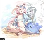  1girl :d ;d adjusting_eyewear ahoge arm_out_of_sleeve art_program_in_frame barefoot beach bikini blue-tinted_eyewear blue_archive blue_jacket breasts chinese_commentary commentary_request eyewear_on_head frilled_bikini frills full_body hair_bobbles hair_ornament halo hoshino_(blue_archive) hoshino_(swimsuit)_(blue_archive) indian_style inflatable_toy inflatable_whale jacket jiu_jiu_jiu_jiu long_hair low_twintails navel ocean official_alternate_costume one_eye_closed outdoors pink_hair pink_halo sitting small_breasts smile soles solo stomach swimsuit tinted_eyewear toes twintails white_bikini yellow_eyes 