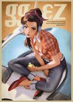  50s alternate_costume artist_name belt blue_pants bracelet breasts brown_hair cruiser_d.va d.va_(overwatch) denim downblouse earrings eyebrows flats forehead full_body gameplay_mechanics head_scarf headphones hoop_earrings indian_style jeans jewelry lipstick long_hair looking_at_viewer makeup medium_breasts meka_(overwatch) midriff neckerchief no_bra overwatch pants ponytail raikoart red_footwear ribbon shirt shoes sitting solo tied_shirt tight tight_pants 