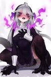  1girl absurdres ahoge aura claws commentary commission dragon_claw dragon_girl dragon_tail earrings ekrea_jan fangs feather_earrings feathers full_body grey_hair highres jewelry long_hair looking_at_viewer nun nun_headdress open_mouth original purple_eyes shadow simple_background skeb_commission solo squatting tail white_background 