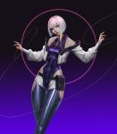  1girl bare_shoulders cheolseung_ok clothing_cutout cropped_jacket cyberpunk:_edgerunners cyberpunk:_edgerunners_1 cyberpunk_(series) expressionless gradient_hair hands_up highres hip_vent jacket lipstick long_legs long_sleeves lucy_(cyberpunk) makeup multicolored_hair skin_seams solo standing turtleneck white_jacket 